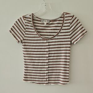 Striped Baby Tee Cropped With Lettuce Hem Detail Y2K Size XS-S‎